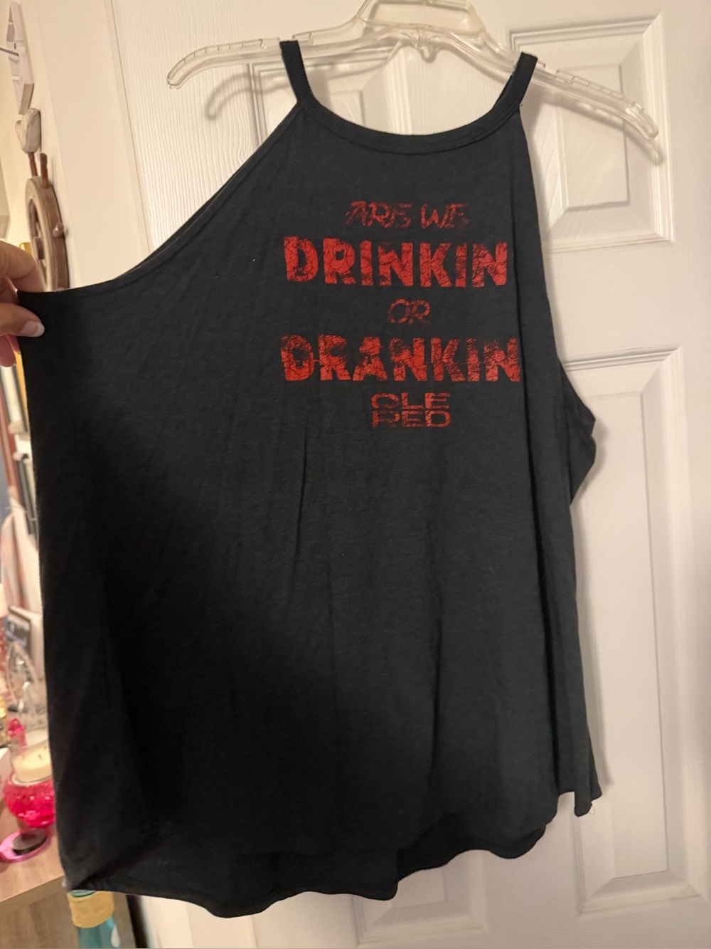 Black Graphic Halter Tank Top with Red Print